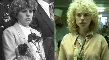 Á esquerda, Lyudmila Ignatenko da vida real; Á direita, personagem da série Chernobyl (HBO) - Divulgação/HBO