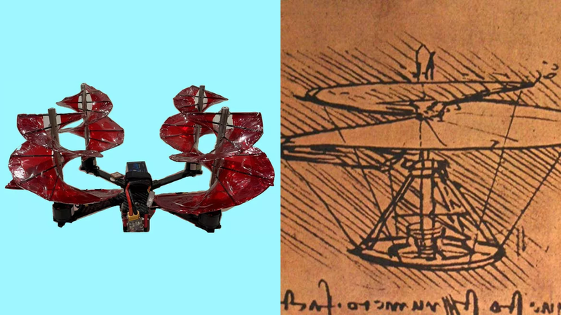 O 'Crimson Spin', desenvolvido por Austin Prete, e o desenho do helicóptero original de Da Vinci - Divulgação / Austin Prete / University of Maryland e Wikimedia Commons