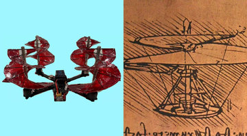 O 'Crimson Spin', desenvolvido por Austin Prete, e o desenho do helicóptero original de Da Vinci - Divulgação / Austin Prete / University of Maryland e Wikimedia Commons