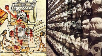 Montagem mostrando uma ilustração representando um sacrifício asteca, e uma fotografia das paredes de crânios que eram montadas com as cabeças dos sacrificados - Divulgação/Foundation for the Advancement of Mesoamerican Studies/ Templo Mayor Museum