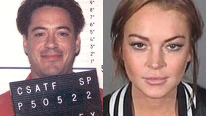 Colagem de Robert Downey Jr. e Lindsay Lohan quando foram presos - Reprodução/Twitter/lectoraincompr1/CunninghamLaura