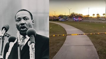 Montagem mostrando Martin Luther King e imagem do local onde ocorreu o tiroteio - Getty Images e Divulgação/ Youtube/ WPLG Local 10