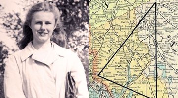 Retrato fotográfico de Paula Jean Welden (à esq.) ao lado de mapa situando o Triângulo de Bennington (à dir.) - Wikimedia Commons