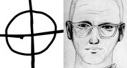 Símbolo usado pelo Assassino do Zodíaco (à esq.) e retrato falado do criminoso (à dir.) - Domínio público / Departamento de Polícia de São Francisco, via Wikimedia Commons