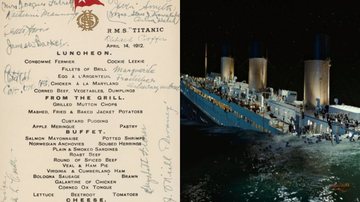 Cardápio da primeira classe (à esq.) e cena do filme 'Titanic' (à dir.) - Divulgação / National Maritime Museum / Paramount Pictures
