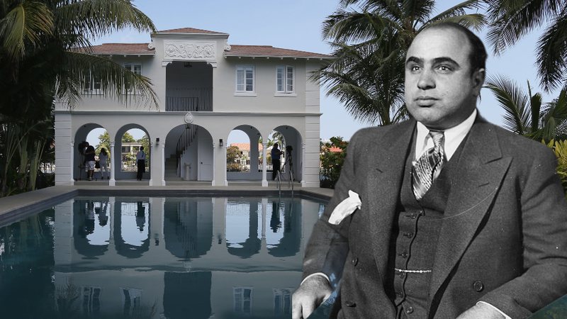 Fotografia de parte da mansão de Al Capone e antiga imagem do gângster quando vivo - Getty Images / Domínio Público via Wikimedia Commons