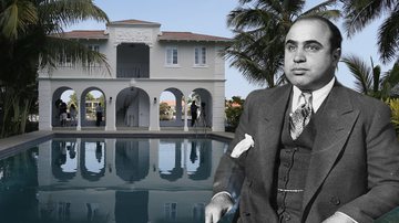 Fotografia de parte da mansão de Al Capone e antiga imagem do gângster quando vivo - Getty Images / Domínio Público via Wikimedia Commons