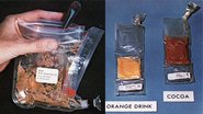 Fotografias mostrando comidas do programa Apollo. À esquerda, está um pacote com alimentos - Divulgação/ NASA