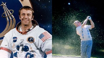 Alan Shepard em fotografia da NASA, com traje espacial, e em fotografia posterior, jogando golfe na Terra - Foto por NASA pelo Wikimedia Commons / Getty Images