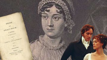 Jane Austen, uma foto da obra 'Orgulho e Preconceito' e uma imagem do filme de mesmo nome - Domínio Público, via Wikimedia Commons e Divulgação