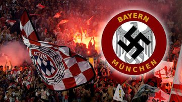 Torcida do Bayern de Munique ao lado do escudo com suástica nazista - Getty Images com reprodução