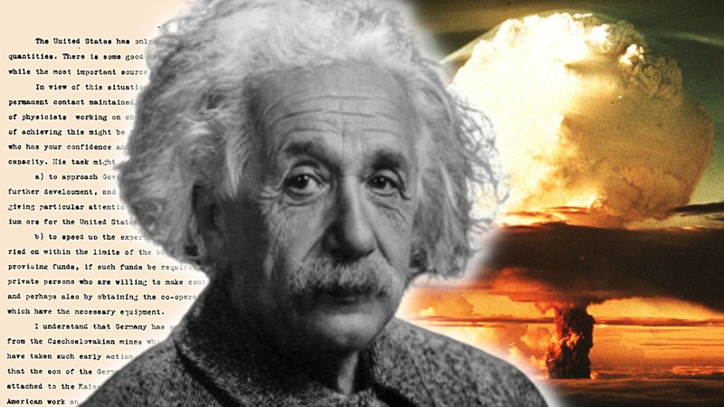 Montagem com Einstein, carta Einstein-Szilárd e bomba da Operação Trinity - Getty Images e Domínio Público
