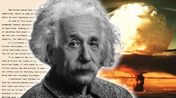 Montagem com Einstein, carta Einstein-Szilárd e bomba da Operação Trinity - Getty Images e Domínio Público