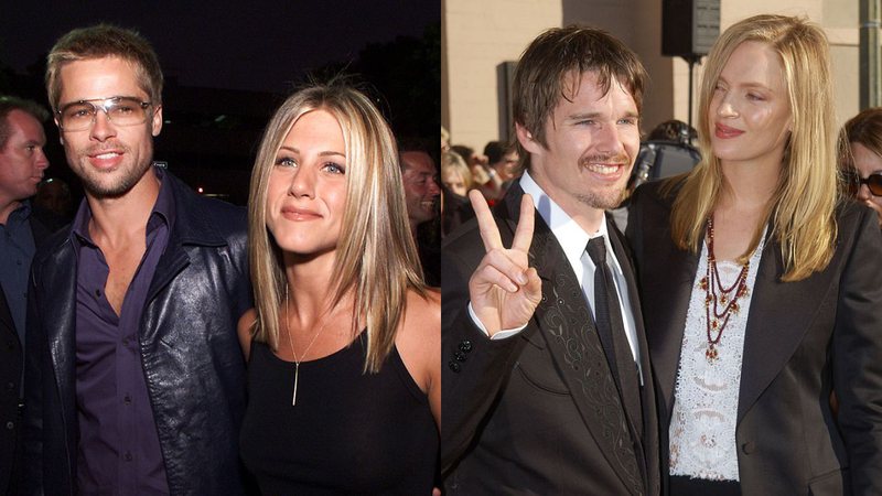 Os ex-casais de atores Brad Pitt e Jennifer Aniston; e Ethan Hawke e Uma Thurman - Getty Images