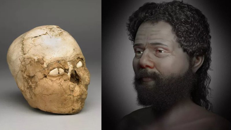 Montagem mostrando crânio e reconstrução facial - Divulgação/ Museu Britânico e Divulgação/ Cícero Moraes/ Thiago Beaini/ Moacir Santos