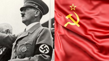 Montagem mostrando fotografia de Hitler, e bandeira do comunismo - Getty Images e Divulgação/ Freepik/ www.slon.pics