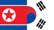 Colagem com as bandeiras da Coreia do Norte e Coreia do Sul, respectivamente - Domínio Público via Wikimedia Commons