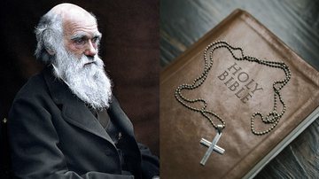 Retrato colorizado de Charles Darwin e foto ilustrativa de uma bíblia cristã - Julius Jääskeläinen/Creative Commons e Tima Miroshnichenko/Pexels