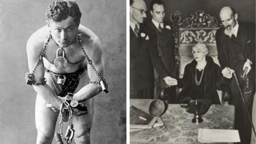 Houdini em 1899; ao lado, sua esposa Bess durante a última sessão espírita - Wikimedia Commons/McManus-Youg Collection/ e Divulgação/Biblioteca do Congresso dos EUA