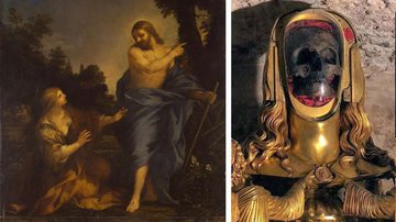 Cristo aparecendo a Maria Madalena, quadro de Pietro da Cortona; à direita, o crânio que seria de Madalena - Domínio Público e Wikimedia Commons/Enciclopedia1993