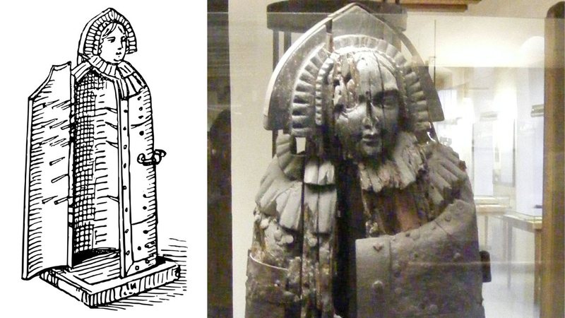 Montagem mostrando ilustração de Dama de Ferro e uma réplica da famosa Dama de Ferro de Nuremberg - Divulgação/ Domínio Público