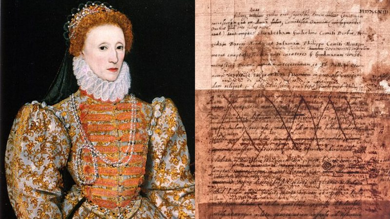 Retrato da rainha Elizabeth I e página de antigo relato - Domínio Público via Wikimedia Commons / Divulgação/The British Library Board