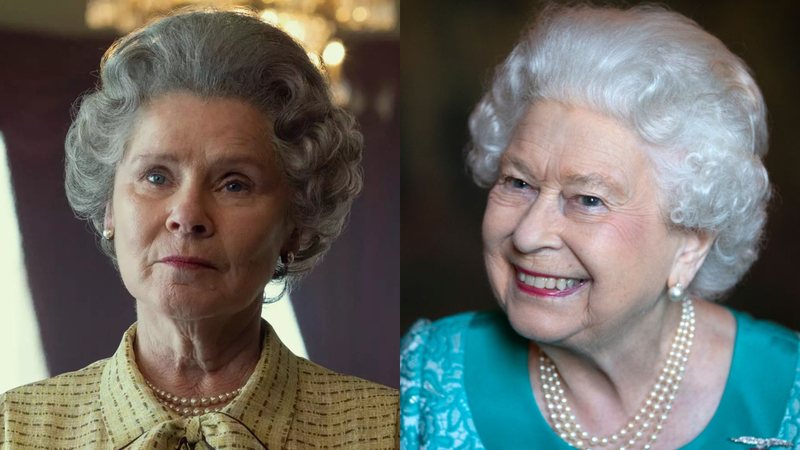 Imelda Staunton (esq.) foi intérprete de Elizabeth II (dir.) em 'The Crown' - Divulgação/Netflix e Getty Images
