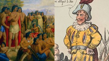 Ilustrações antigas com povos nativos americanos e um colonizador espanhol, respectivamente - Domínio Público via Wikimedia Commons / Foto por Metropolitan Museum of Art pelo Wikimedia Commons