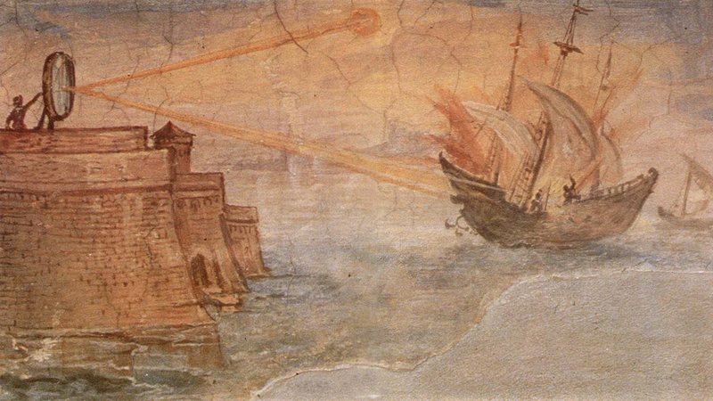 Representação do espelho de Arquimedes usado para destruir navios