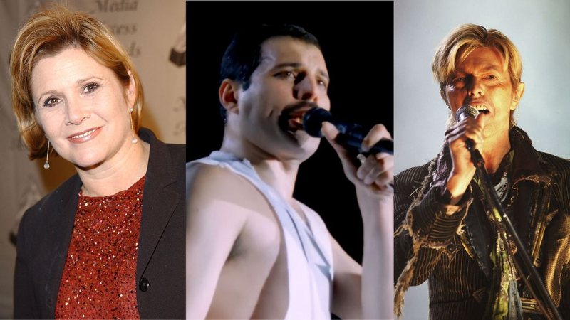 Carrie Fisher, Freddie Mercury e David Bowie - Divulgação/Youtube/VIDEO REMASTER ITA/23.12.2018 / Getty Images