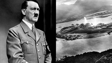 Registro de Hitler (à esqu.) e do ataque a Pearl Harbor (à dir.) - Bundesarchiv, Bild 183-S33882 e Domínio Público