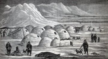 Ilustração de comunidade inuíte criada por C.F. Hall - Domínio Público/ Creative Commons/ Wikimedia Commons