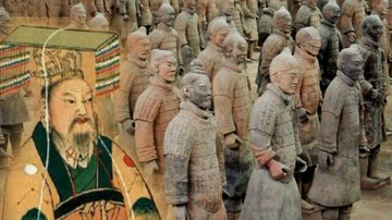 Montagem com o primeiro imperador da China, Qin Shi Huang, e o exército de terracota ao fundo - Domínio Público via Wikimedia Commons