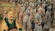 Montagem com o primeiro imperador da China, Qin Shi Huang, e o exército de terracota ao fundo - Domínio Público via Wikimedia Commons