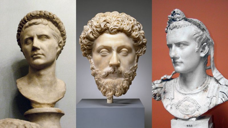 Montagem mostrando bustos pertencentes aos imperadores, da esquerda para a direita, Otávio Augusto, Marco Aurélio e Calígula - Domínio Público via Wikimedia Commons