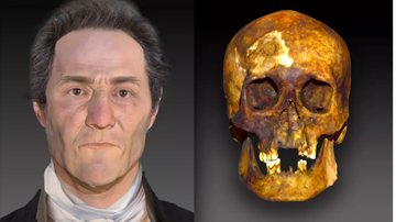Montagem mostrando a reconstrução facial e o crânio do homem - Divulgação/ Paranon NanoLabs