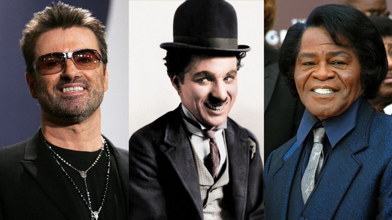 George Michael (esq.), Charlie Chaplin (centro) e James Brown (dir.) em montagem