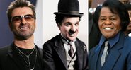 George Michael (esq.), Charlie Chaplin (centro) e James Brown (dir.) em montagem - Getty Images / Wikimedia Commons / Cassowary Colorizations