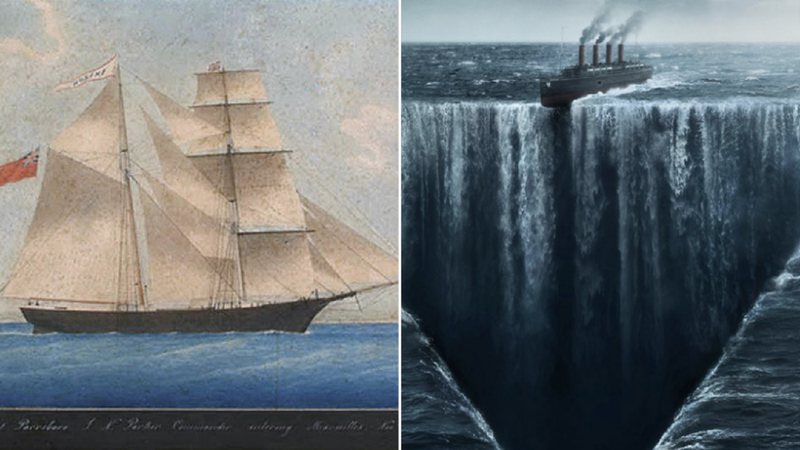 Pintura imaginando o Mary Celeste e cena de 1899 - Domínio Público e Divulgação/Netflix