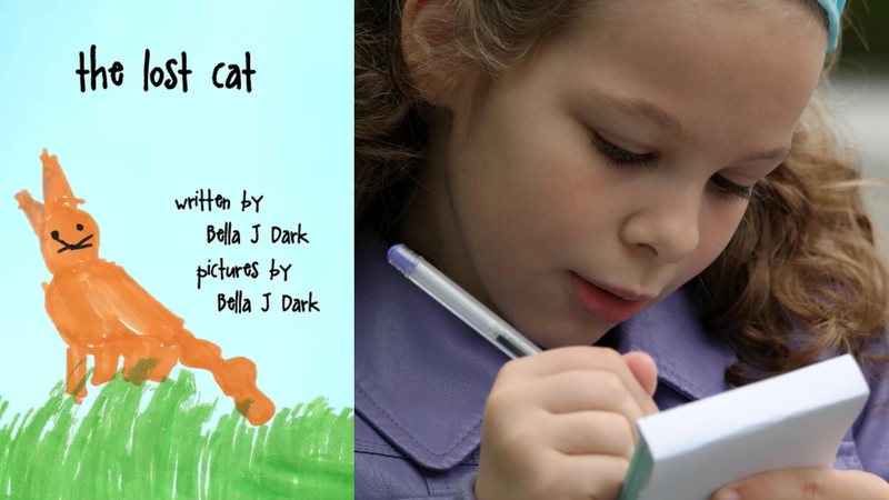Livro 'The Lost Cat' (2022) e menina escrevendo em colagem - Divulgação/Ginger Fyre Press / Foto por Raphaël Jeanneret pelo Pixabay