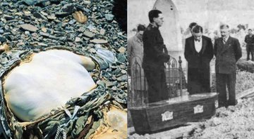 A múmia do alpinista George Mallory (à esq.) e o enterro do desconhecido australiano (à dir.) - Divulgação (esq.) / Wikimedia Commons (dir.)