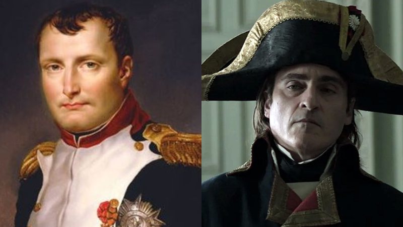 Retrato de Napoleão Bonaparte e Joaquin Phoenix interpretando-o em 'Napoleão', novo filme de Ridley Scott - Domínio Público via Wikimedia Commons / Reprodução/Apple TV+