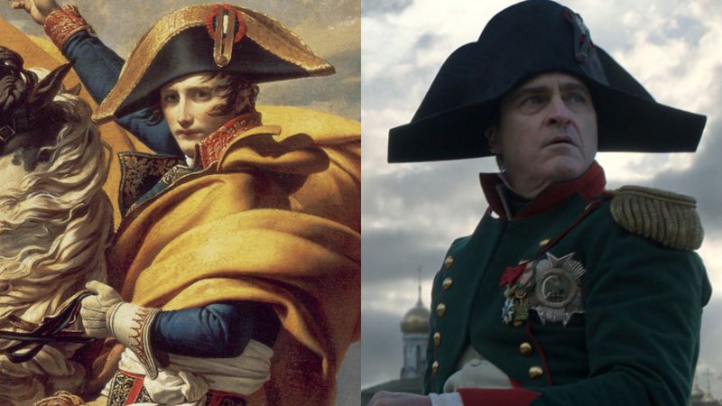 Napoleão por Jacques-Louis David (à esqu.) e no filme de Ridley Scott (à dir.) - Domínio Público e Divulgação
