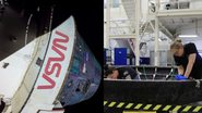 Á esquerda imagem da espaçonave Orion e à direita técnicos examinando o escudo térmico do Orion - Divulgação / Nasa