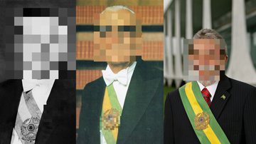 Montagem mostrando três presidentes brasileiros que conheceram Elizabeth II com rostos pixelados - Domínio Público