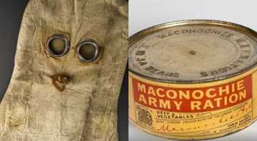 Máscara (à esq.) e comida em lata (à dir.) - Divulgação / Museu de Ciência do Reino Unido / Imperial War Museum