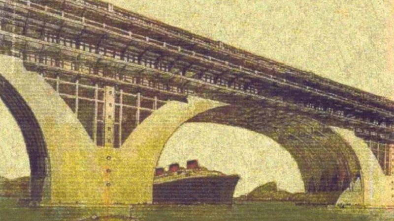 Representação de plano realizado por francês, com apartamentos e lojas debaixo de ponte - Divulgação/Departamento Nacional de Estradas de Rodagem