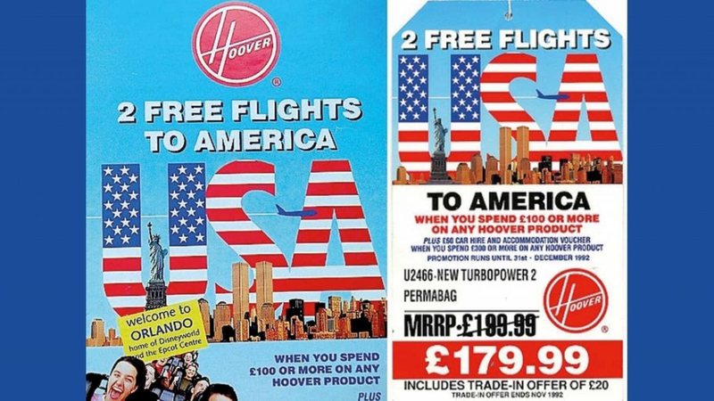 Promoção da Hoover de "2 voos gratuitos para a América" - Divulgação