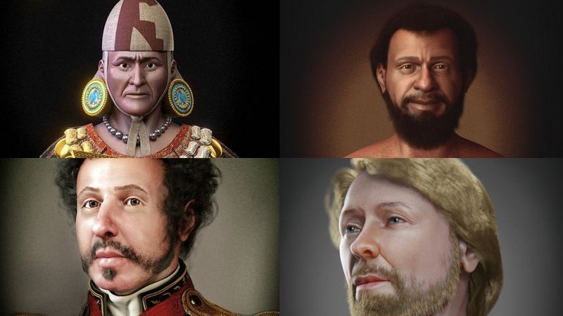 Algumas reconstruções faciais feitas por Cícero: Senhor de Sipán, Jesus Cristo, D. Pedro I e Guerreiro Germânico de Pilsen - Cícero Moraes
