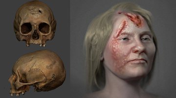 Montagem mostrando imagens do crânio, e do rosto reconstruído digitalmente - Divulgação/ Domínio Público e Divulgação/ Cícero Moraes